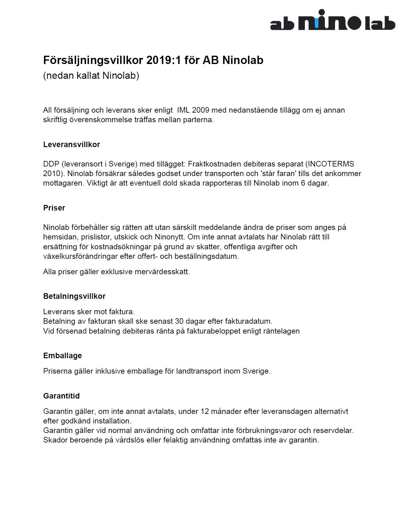 Försäljningsvillkor 2019:1 för AB Ninolab